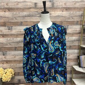Navy Blousse w/Coral & Aqua Paisley Print Small